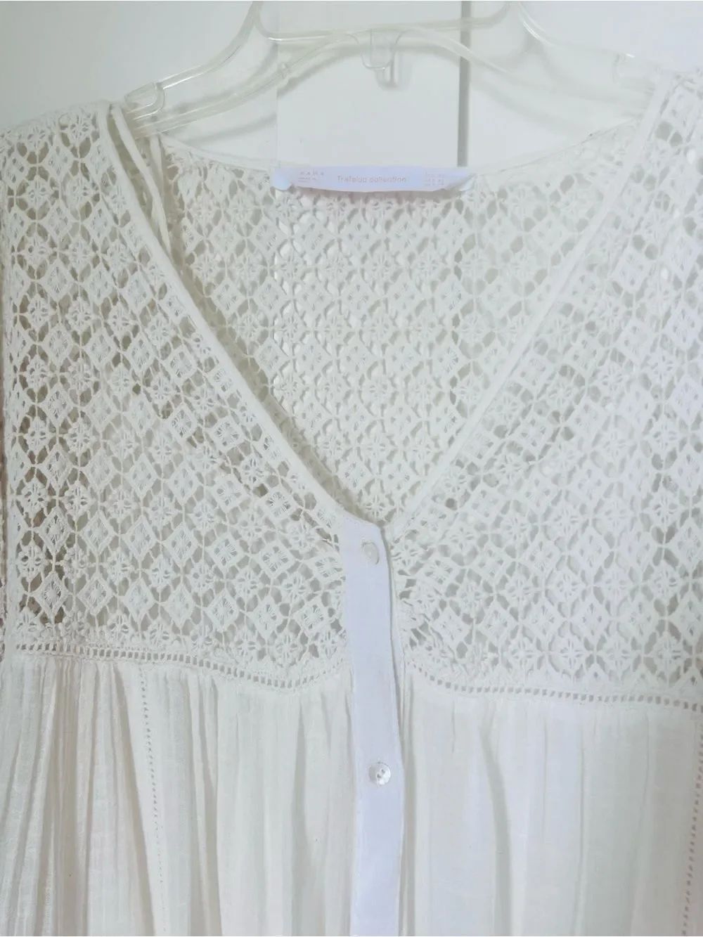 Zara 100% Cotton Cream Crochet BohoTunic Flowy Bell Sleeve Cottagecore Blouse XS - Picture 7 of 13